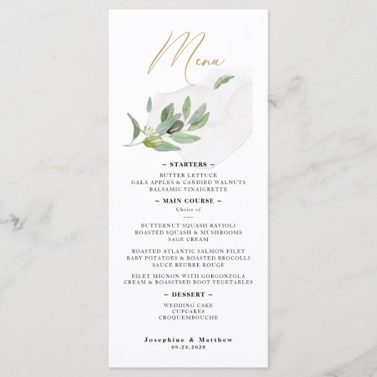 Elegant Botanisch Olijftak Kalligrafie Script Menu (Voorkant)