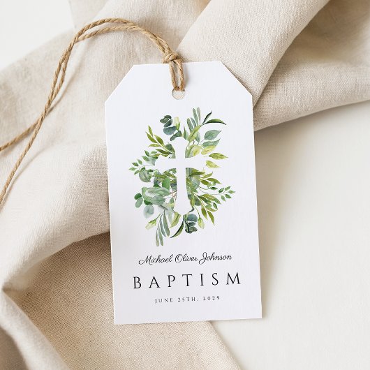 Elegant Botanisch Religieus Kruisdoop Cadeaulabel
