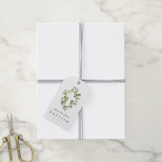 Elegant Botanisch Religieus Kruisdoop Cadeaulabel (Met Touw)