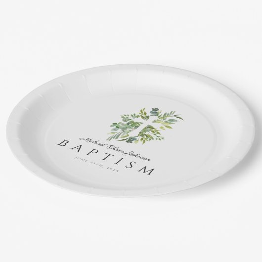 Elegant Botanisch Religieus Kruisdoop Papieren Bordje (Gekanteld)