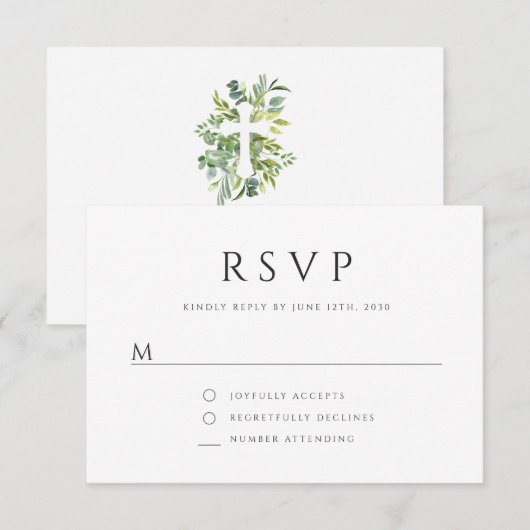 Elegant Botanisch Religieus Kruisdoop RSVP Kaartje (Voorkant / Achterkant)
