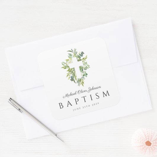 Elegant Botanisch Religieus Kruisdoop Vierkante Sticker (Envelop)