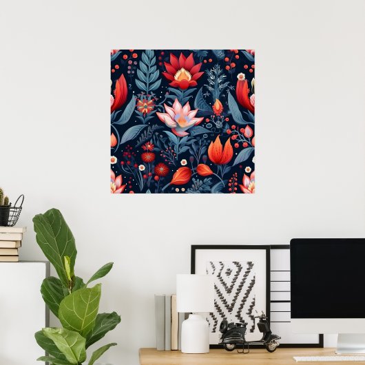 Elegant Botanisch Rood Blauw Blauwgroen Patroon MI Poster (Thuiskantoor)