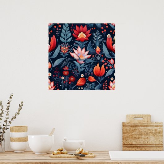 Elegant Botanisch Rood Blauw Blauwgroen Patroon MI Poster (Keuken)