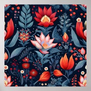 Elegant botanisch rood blauw turkoois patroon midd poster