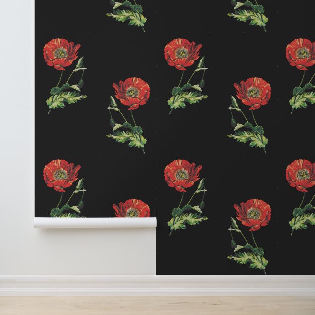 Elegant  Botanisch Rood Poppy Zwart Behang (Applicatie)