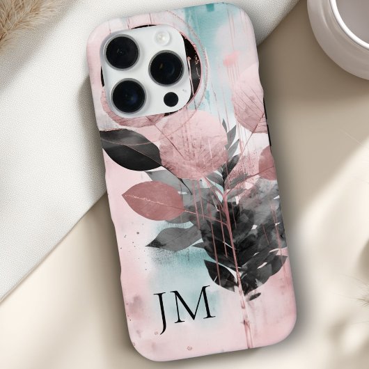 Elegant botanisch roze-gouden monogram iPhone hoesje