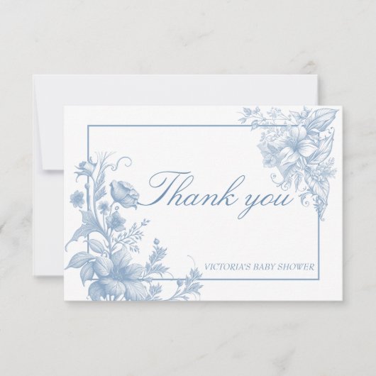 Elegant botanisch stoffig blauw baby shower bedankkaart (Voorkant)