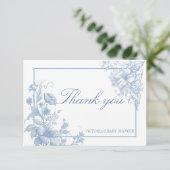 Elegant botanisch stoffig blauw baby shower bedankkaart (Staand voorkant)