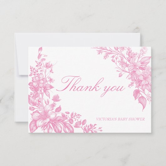 Elegant botanisch stoffig roze baby shower bedankkaart (Voorkant)