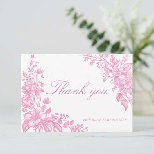 Elegant botanisch stoffig roze baby shower bedankkaart (Staand voorkant)