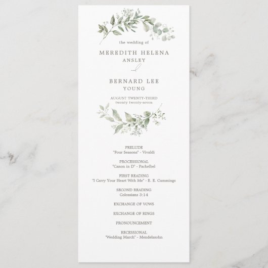 Elegant Botanisch Trouwprogramma op een plat vlak Programmakaart (Voorkant)