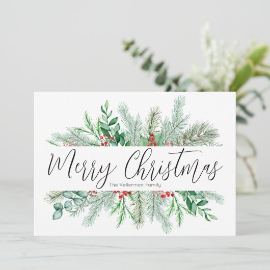 Elegant botanisch vrolijk kerstgroen feestdagenkaart (Staand voorkant)