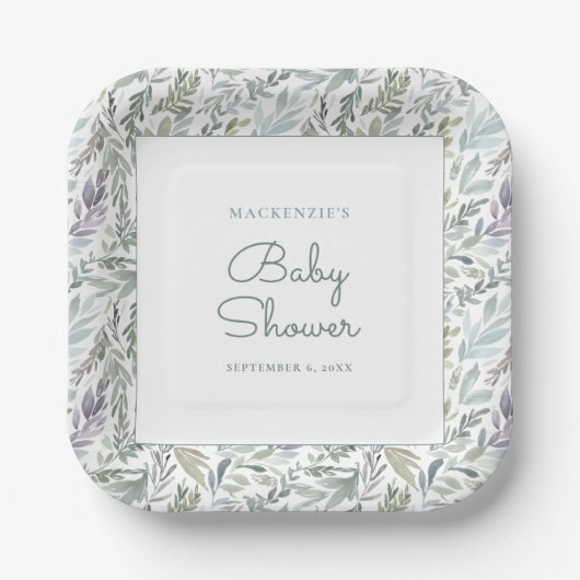 Elegant Botanisch Waterverf Baby shower Papieren Bordje (Voorkant)