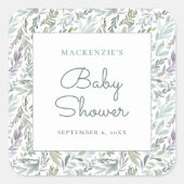 Elegant Botanisch Waterverf Baby shower Vierkante Sticker (Voorkant)