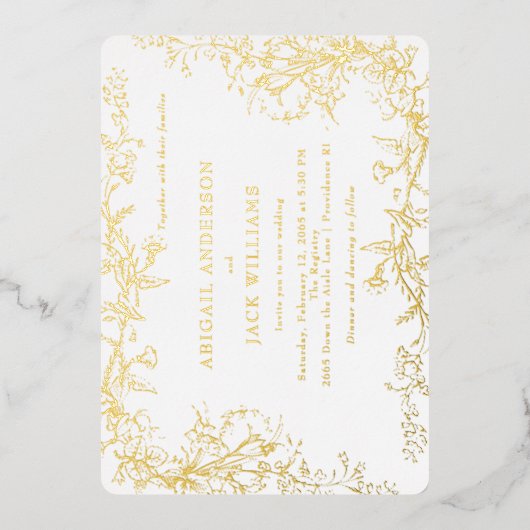 Elegant Botanisch Wit Bruiloft Goud Folie Uitnodiging (Voorkant)