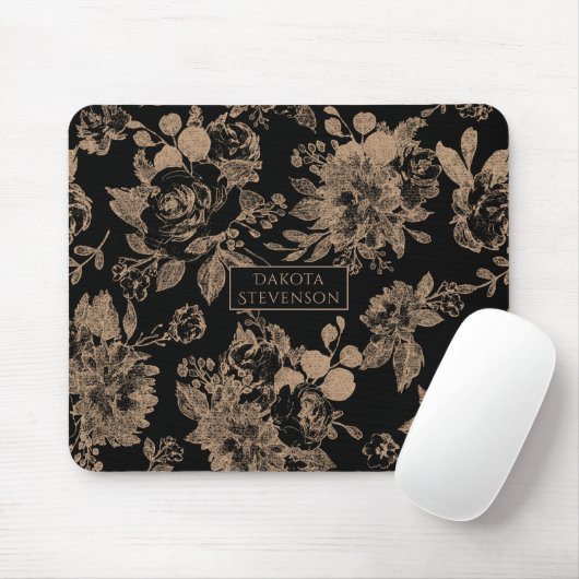 Elegant Botanisch | Zwart en Roos Gouden Bloemen Muismat (Met muis)