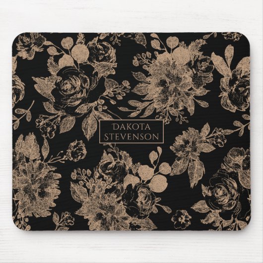Elegant Botanisch | Zwart en Roos Gouden Bloemen Muismat (Voorkant)