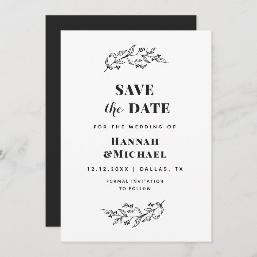 Elegant botanisch zwart en wit, groen gemaakt save the date (Voorkant / Achterkant)