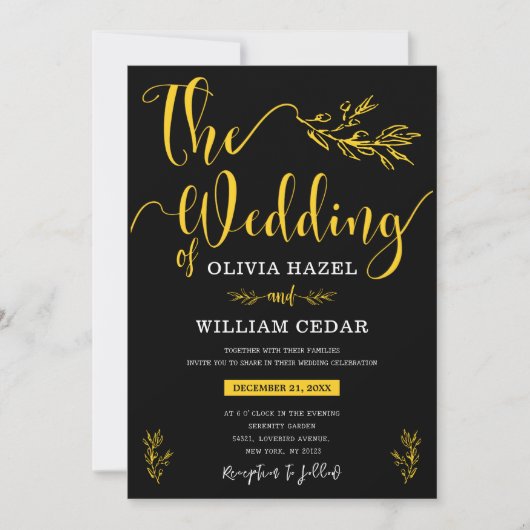 Elegant Botanisch Zwart Geel Gepersonaliseerd Brui Kaart (Voorkant)