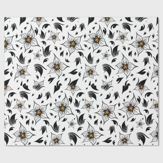 Elegant Botanisch Zwart-Wit Bloempatroon Cadeaupapier (Vlak)