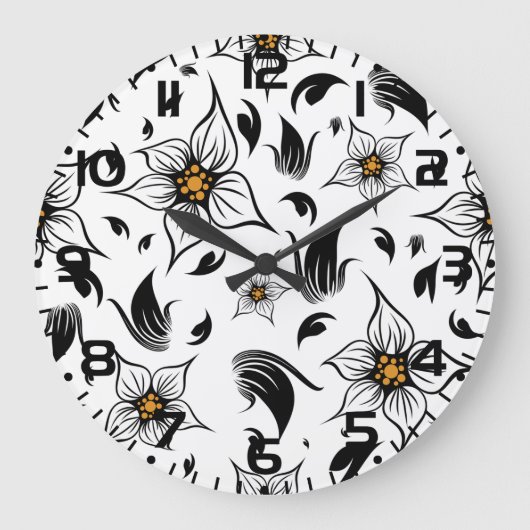 Elegant Botanisch Zwart-Wit Bloempatroon Grote Klok (Voorkant)