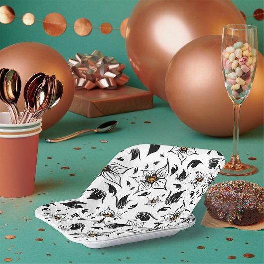 Elegant Botanisch Zwart-Wit Bloempatroon Papieren Bordje