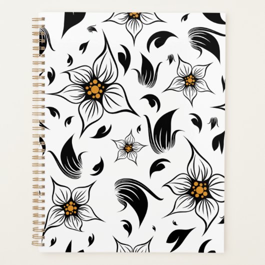 Elegant Botanisch Zwart-Wit Bloempatroon Planner (Voorkant)
