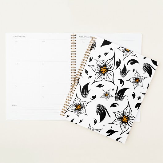Elegant Botanisch Zwart-Wit Bloempatroon Planner