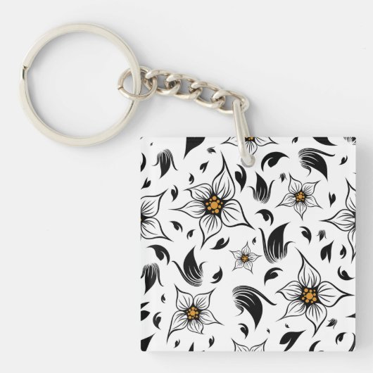 Elegant Botanisch Zwart-Wit Bloempatroon Sleutelhanger (Voorkant)
