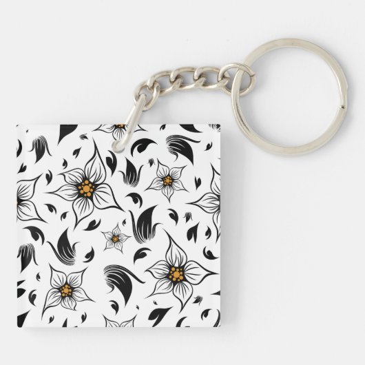 Elegant Botanisch Zwart-Wit Bloempatroon Sleutelhanger (Achterkant)