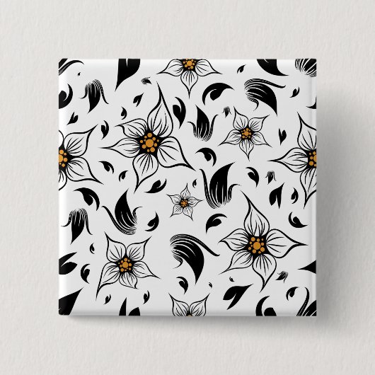 Elegant Botanisch Zwart-Wit Bloempatroon Vierkante Button 5,1 Cm (Voorkant)