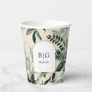Elegant botanische bladeren met een moderne bruilo papieren bekers