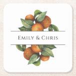 Elegant botanische citrusgroen kartonnen onderzetters<br><div class="desc">,  elegant,  modern en bohemisch gepersonaliseerd en aangepast vierkant onderzetter voor bruiloft voor uw speciale gelegenheid! Het ontwerp komt overeen met de rest van het Oranje Collectie van de bladvulling. Waterverf oranje vruchten met donkergroene bladeren en lichtgroene bladeren aan de zijkant lijsten boven en onder op uw namen.</div>