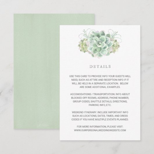 Elegant Botanische details Succulent Wedding Informatiekaartje (Voorkant / Achterkant)