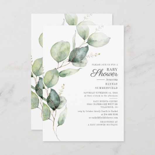 Elegant Botanische Eucalyptus Greenery Baby shower Kaart (Voorkant / Achterkant)