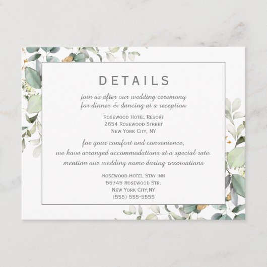 Elegant Botanische Eucalyptus Greenery - Gegevens Informatiekaartje (Voorkant)