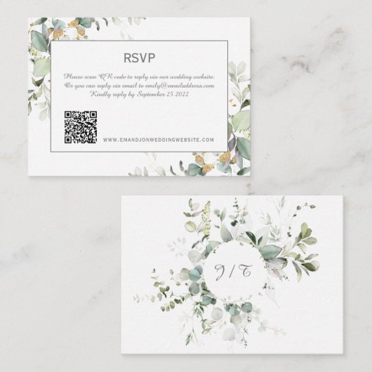 Elegant Botanische Eucalyptus Greenery QR Code RSV Notitiekaartje (Voorkant / Achterkant)