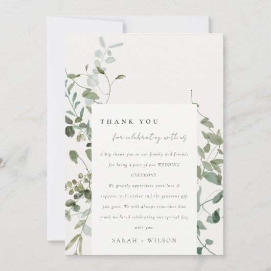 Elegant Botanische Eucalyptus Waterverf Weddenscha Bedankkaart (Voorkant)