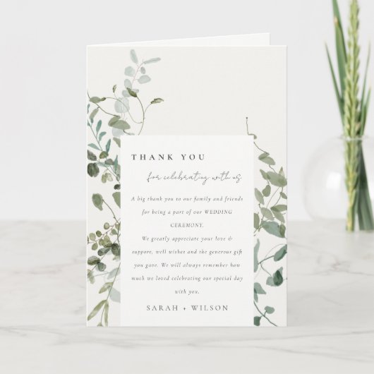 Elegant Botanische Eucalyptus Waterverf Weddenscha Bedankkaart (Voorkant)