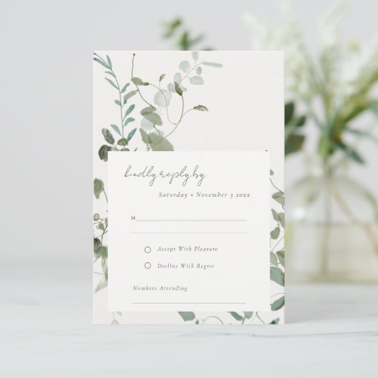 Elegant Botanische Eucalyptus Waterverf Weddenscha RSVP Kaartje (Staand voorkant)