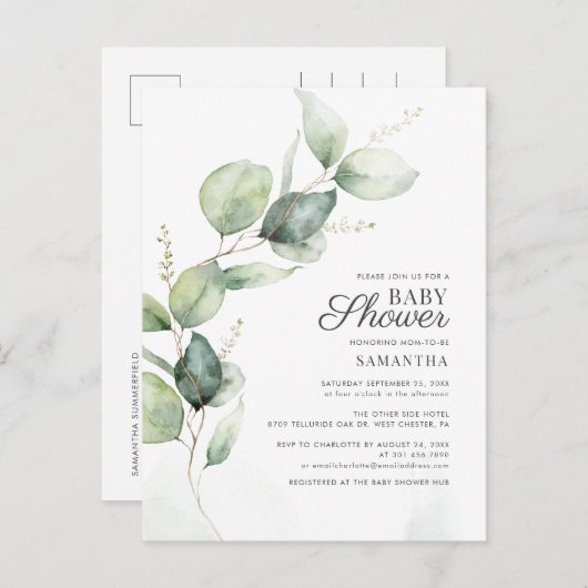 Elegant Botanische Eucalyptus Zonnebloem Baby show Uitnodiging Briefkaart (Voorkant / Achterkant)