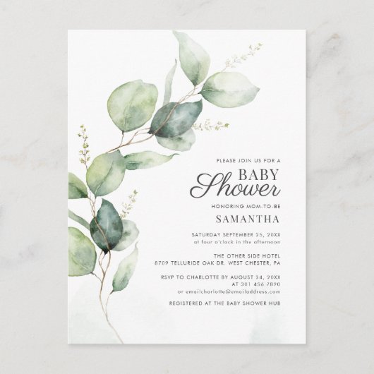 Elegant Botanische Eucalyptus Zonnebloem Baby show Uitnodiging Briefkaart (Voorkant)