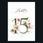 Elegant botanische flora nummer 15, kaart<br><div class="desc">Deze kaart bevat een groen nummer met waterverf afbeeldingen van bloemen en bladeren in perzikkleurig,  wazig roze,  rood,  terracotta en groen. Dit lijstaantal is perfect voor bruiloften,  afstuderen,  baby showers,  vrijgezellenfeesten,  verjaardagen,  en andere gebeurtenissen. Tabel 15. Controleer alle beschikbare nummers.</div>