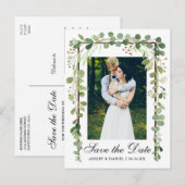 Elegant botanische groene foto slaat de datum op aankondigingskaart (Voorkant / Achterkant)
