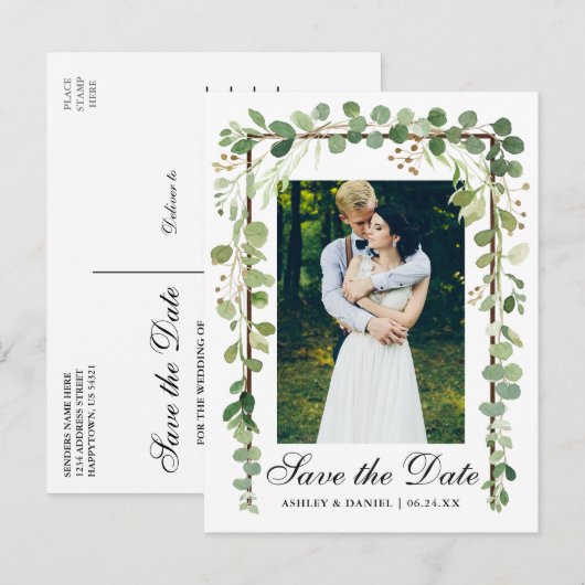 Elegant botanische groene foto slaat de datum op aankondigingskaart (Voorkant / Achterkant)