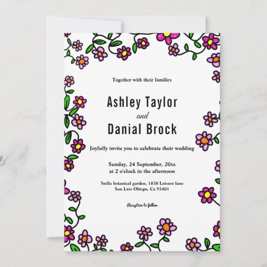 Elegant botanische kleurrijke bloemen bruiloft kaart (Voorkant)