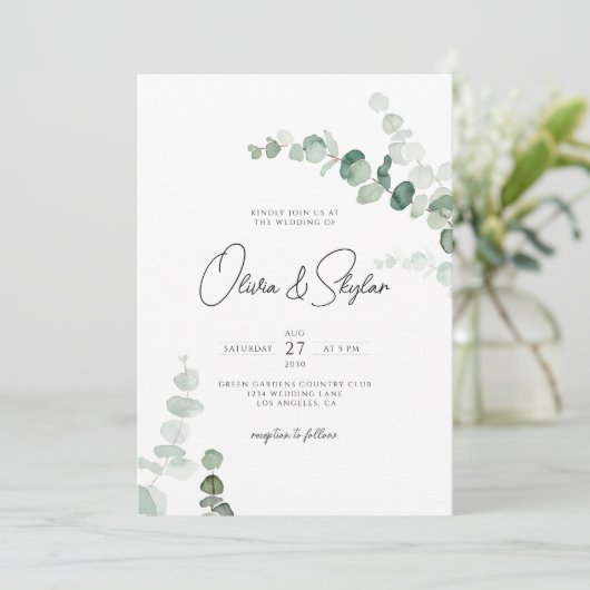 Elegant Botanische Minimale QR in één bruiloft Kaart (Staand voorkant)