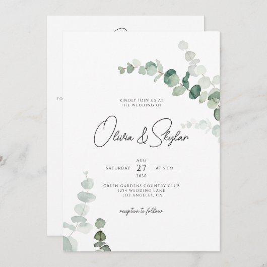 Elegant Botanische Minimale QR in één bruiloft Kaart (Voorkant / Achterkant)