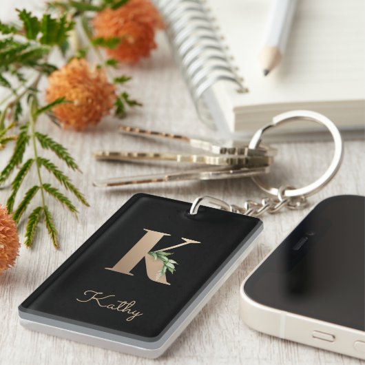 Elegant Botanische monogram Gold Letter K Sleutelhanger (Voorkant Rechts)
